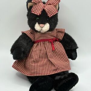 Russ Berrie Nadia Cat Black Stuffed Animal Plush Gingham Dress Green Eyes 10”